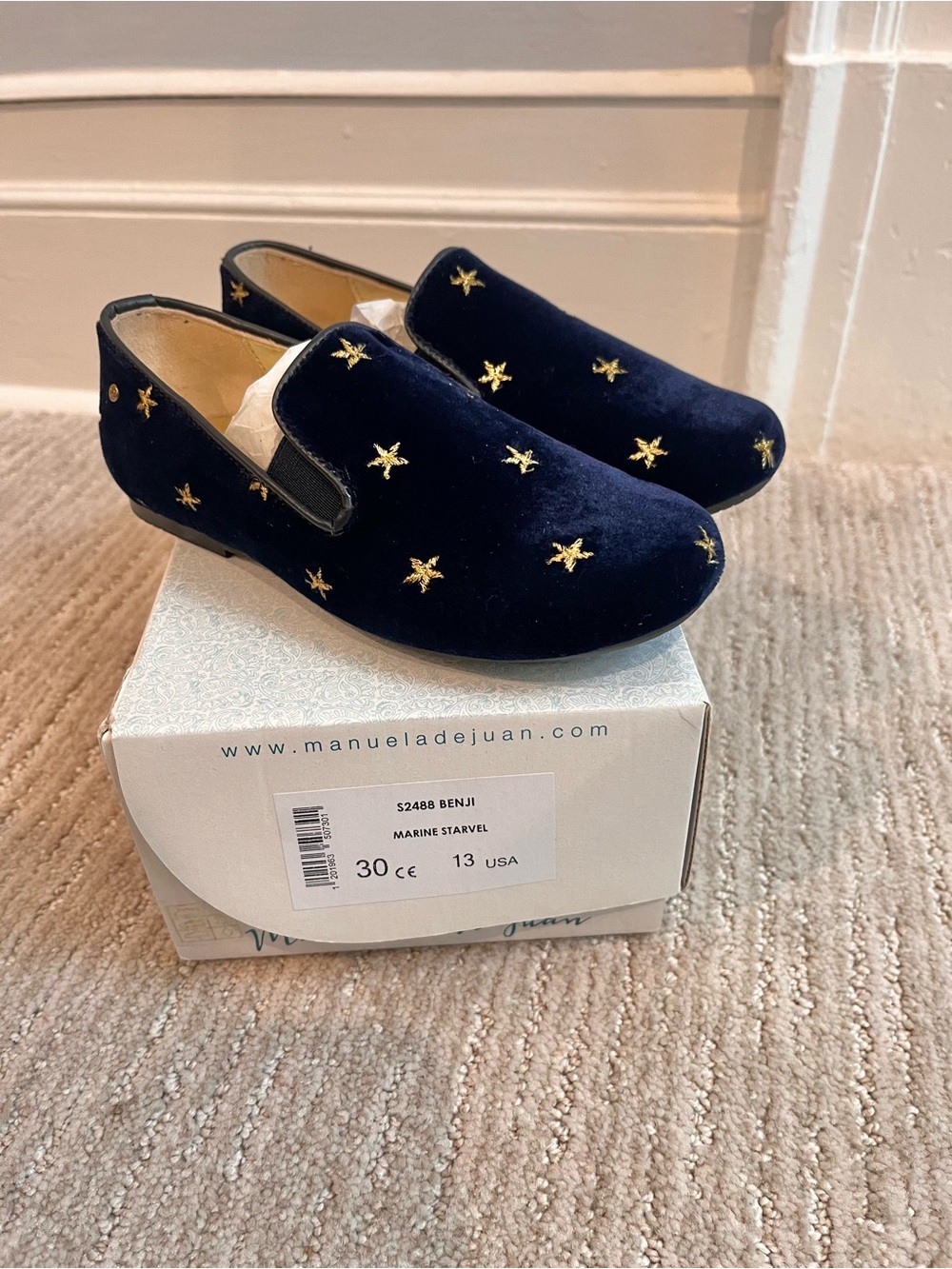 Girls Navy Velvet Slip-On Loafers with Gold Star Embroidery